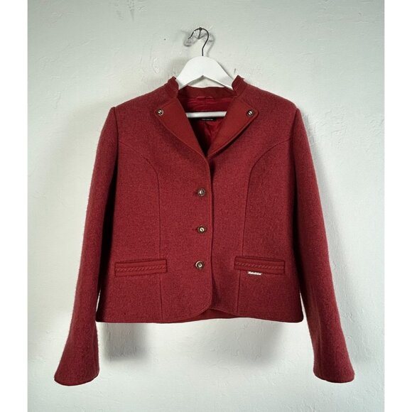 Geiger Women's Button Down Blazer Long Sleeve Lined Pure Wool Pocket Red Size 40 - Picture 1 of 16
